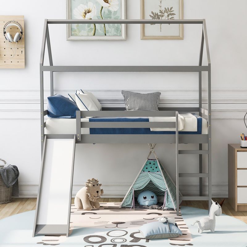 House Shape Twin Size Loft Bed with Slide, Gray - ModernLuxe, 2 of 12