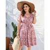 Women Plus Size V Neck Wrap Dress High Waist Short Sleeve Ruffle Casual Summer Midi Dress with Belt,Pink small flower,2XL - 3 of 4