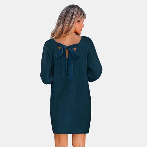 Женские платья Cupshe Women's Elegant Ribbed Knit Sweater Dress with Bow Detail-M-Blue