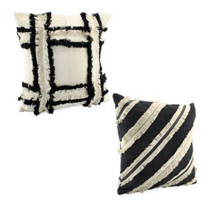 AuldHome Design Boho Farmhouse Throw Pillow Covers, 16 x 16 Black and Off White Fringed Couch Pillows - 1 of 4