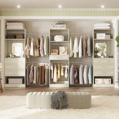 Aheaplus 6 - 18.5 FT Closet Organizer with 2 Mirrors, Wooden Closet System with 9 Drawers and 6 Hanging Rods