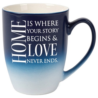 Elanze Designs Home Is Where Your Story Begins & Love Never Ends Two Toned Ombre Matte Navy Blue and White 12 ounce Ceramic Stoneware Coffee Cup Mug