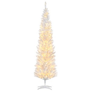 HOMCOM 7' Tall Pre-Lit Slim Noble Fir Artificial Christmas Tree with Realistic Branches, 200 Warm White LED Lights and 499 Tips - 1 of 4