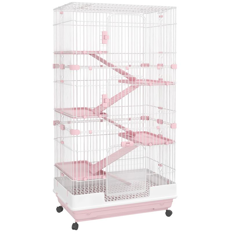 PawHut 32"L 6-Level Small Animal Cage Rabbit Hutch with Universal Lockable Wheels, Slide-out Tray for Bunny, Chinchillas, Ferret, 1 of 10