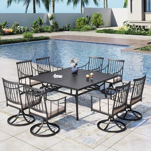 Captiva Designs 9p Patio Slat-top Square Metal Table with Umbrella Hole & Stylish Metal Arm Chairs - 1 of 4
