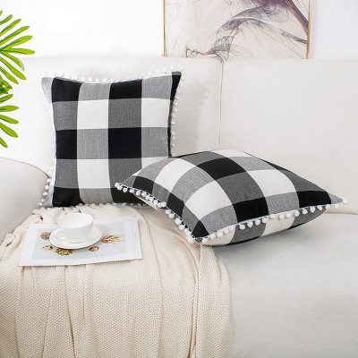 Piccocasa Buffalo Check Plaid Throw Pillow Cover With Pompoms For Sofa Couch  Decor 1 Pcs Black Beige White 18 X 18 : Target