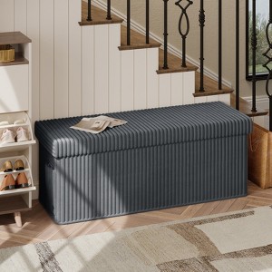 Pinmoco 15"/30"/43" Folding Storage Ottoman Bench with White Blanket and Side Pocket, Corduroy Storage Bench Footrest for Entryway Living Room - 1 of 4