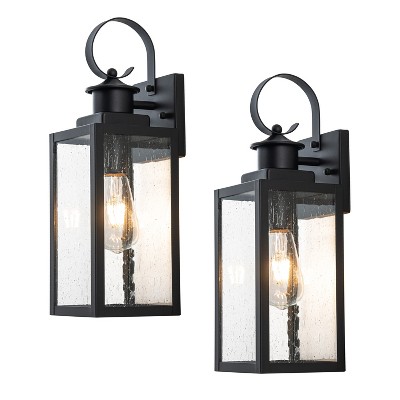 C Cattleya 2-Pack 16.75in. Modern Matte Black Outdoor Wall Lantern Sconce with Seeded Glass