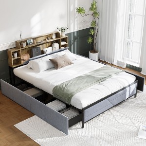 Famapy Queen Bed Platform Bed: Sturdy Construction, Wood - Look Headboard,Upholstered & Metal Frame, Hidden&le Storage – Great for Organized Bedrooms - 1 of 4
