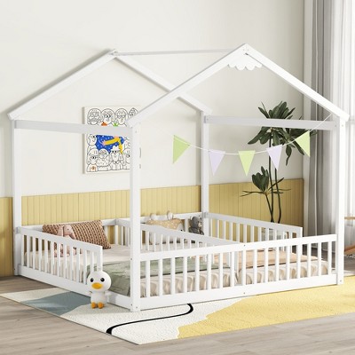 TIRAMISUBEST Double Twin House-Style Floor Bed with Fence, Guardrails, without Door, Wooden House Floor Bed Montessori Bed with Roof Design