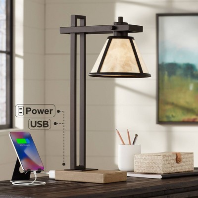 Bronze Industrial Desk Lamp with Beige Stone Shade and USB Port