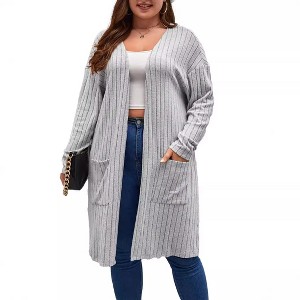 Clearlove Women's Plus Size Longline Cardigan Sweater Open Front Knit Cover-Up with Pockets Ribbed Cuffs Loose Fit Casual Wrap - 1 of 4