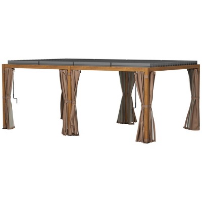 Natural Brown Aluminum Pergola with Adjustable Louvered Roof and Curtains
