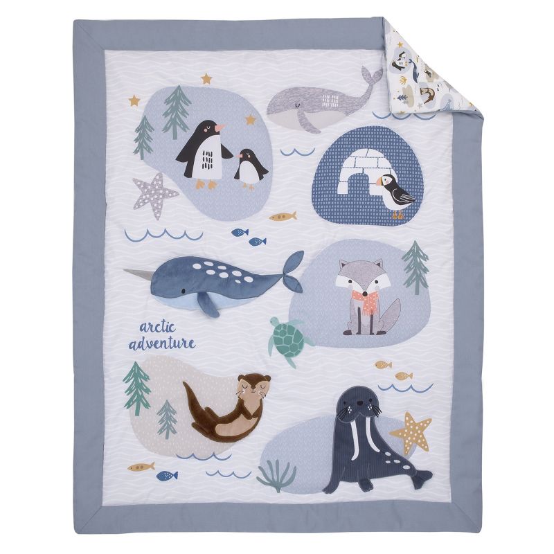 NoJo Arctic Adventure Light Blue, White, Taupe and Navy Whales, Walrus, and Otter 4 Piece Nursery Crib Bedding Set, 2 of 11