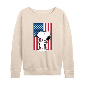 Women's - Peanuts - Snoopy USA Flag Lightweight French Terry Wide Neck Long Sleeve Shirt - 1 of 4