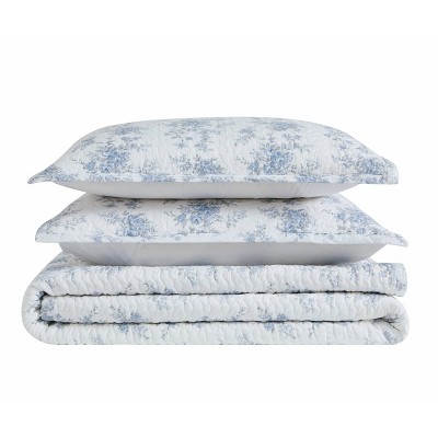 White and Blue Floral Cotton Full Quilt Set