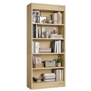 71 Inch Farmhouse Bookcase with Double Fluted Design & Wooden Base, 5 Tier Tall Bookshelf for Office Library - 1 of 4