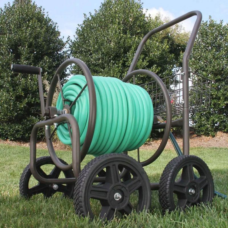 Liberty Garden Products 4 Wheel Residential Hose Reel Cart Holds Up to 250 Feet of 0.625 Inch Hose with Basket for Backyard, Garden, or Home, Bronze, 2 of 7