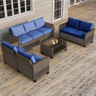 Outdoor Modern Patio Conversation Set, PE Wicker with Glass Coffee Table for Backyard, Garden, Pool Decks, Blue