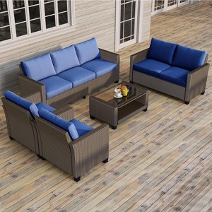 Outdoor Modern Patio Conversation Set, PE Wicker with Glass Coffee Table for Backyard, Garden, Pool Decks, Blue - 1 of 4
