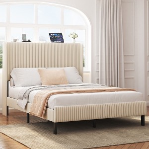 NicBex Bed Frame,Upholstered Platform Bed with Charging Station,Metal Bed Frame with Headboard,No Box Spring Needed,Noise Free,Beige - 1 of 4