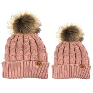 Wrapables Cable Knit Faux Fur Pom Pom Beanie, Mommy & Me Set Pink - 1 of 4