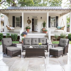 7 Piece Patio Furniture Set with Swivel Chairs, Rattan Wicker Outdoor Conversation Set with Patio Couch Swivel Chair Coffee Table End Table Ottoman - 1 of 4
