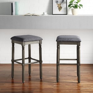 Rubberwood Armless Upholstered Bar Stools with Foam-Padded Seat and Nailhead Trim, Set of 2 for Kitchen, Dining Room - 1 of 4