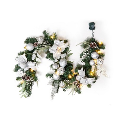 Fireplace Christmas Garland, 6 Ft Pre-Lit Artificial Christmas Garland, Xmas Garland with Silver Balls, Pinecones for Front Door Holiday Decoration