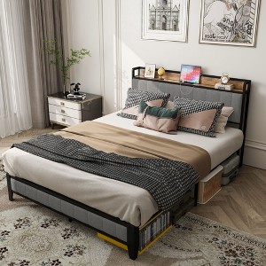 KTMBDW Full/Queen Bed Frame with Headboard, Metal Platform Bed Full/Queen Size with Storage with Charging Station, No Box Spring Needed - 1 of 4