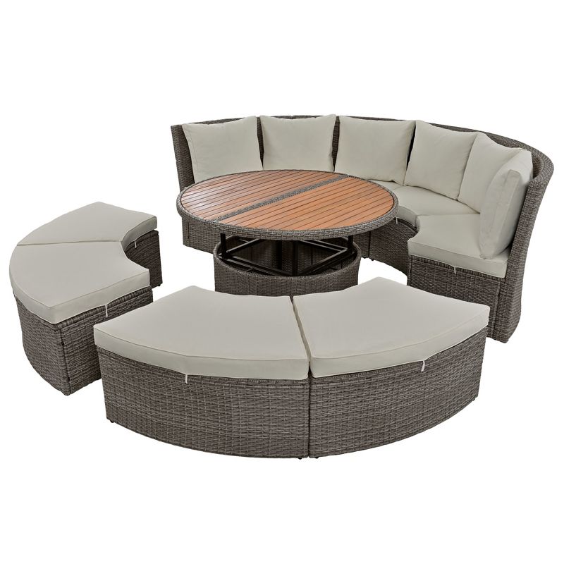 5-Piece Round Rattan Sectional Sofa Set, All-Weather PE Wicker Sunbed Daybed with Round Liftable Table and Washable Cushions 4M - ModernLuxe, 5 of 16