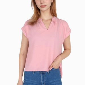 Anna-Kaci Women's V-Neck Short Sleeve Blouse with Rolled Cuffs and Soft Pleated Collar Detail - 1 of 4