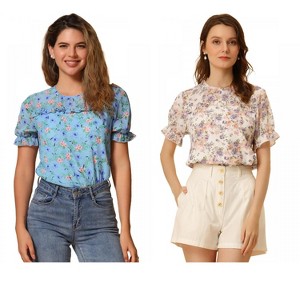 INSPIRE CHIC Women's Chiffon Short Sleeve Ruffled Trim Floral Blouse 2 Packs - 1 of 4