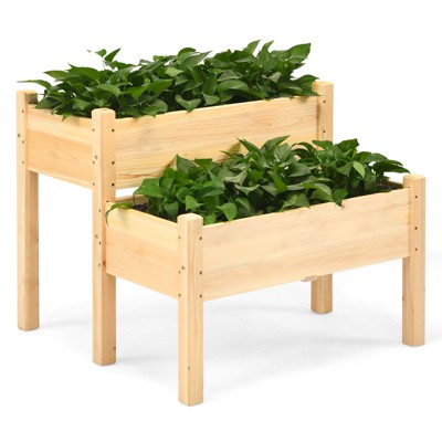 Tangkula 34'' x 34'' Wooden 2 Tier Raised Garden Bed Elevated Planter box w/8 Drainage Holes Outdoor Planter Box for Vegetables