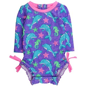 RuffleButts Baby Girls UPF50+ Sun Protected Neon Long Sleeve One Piece Rash Guard Swimsuit, with Signature Rear Ruffle - 1 of 2