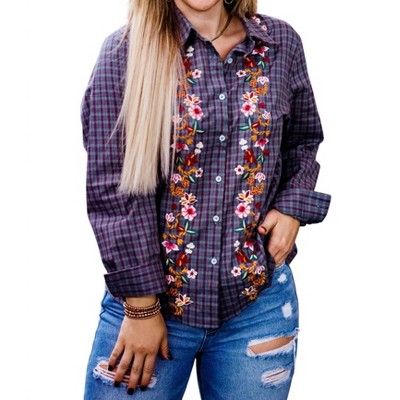 Women's Embroidered Plaid Shirt - Layerz Clothing