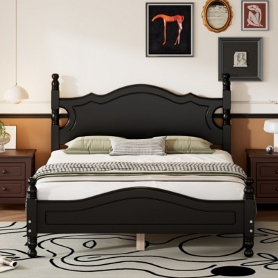 Wood Platform Bed with Retro Design Headboard, Sturdy Pine Frame, No box spring beds, Easy Assembly-Maison Boucle
