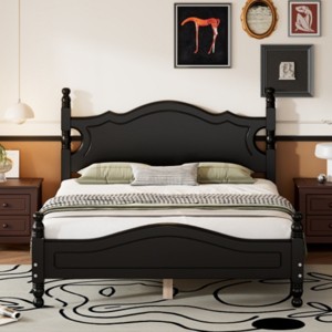 Wood Platform Bed with Retro Design Headboard, Sturdy Pine Frame, No box spring beds, Easy Assembly-Maison Boucle - 1 of 4