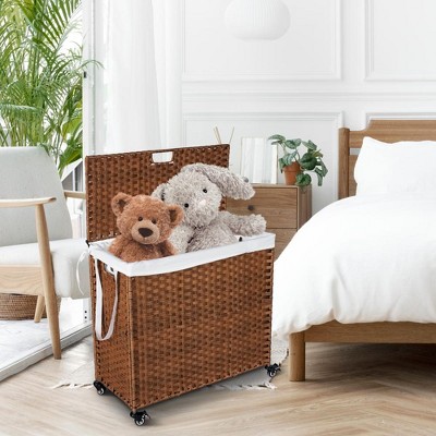 18.3"Laundry Hamper With Lid PE Rattan Powder Coating Frame Clothes Hampers with 02 Removable Bags,Brown