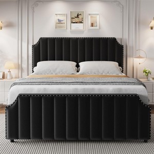 Queen Size Velvet Bed Frame, Vertical Channel Tufted 50" Tall Headboard and Footboard with Nailhead Trim, Upholstered Platform Bed, Black - 1 of 4