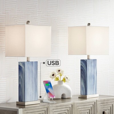 Rippled Blue Faux Marble Table Lamps with USB Ports