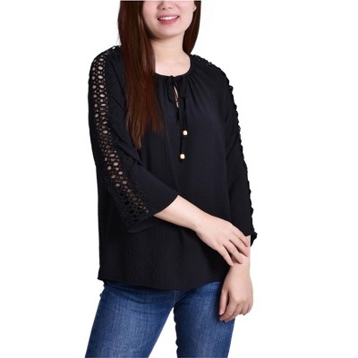 NY Collection Womens Crochet Detail Peplum Blouse
