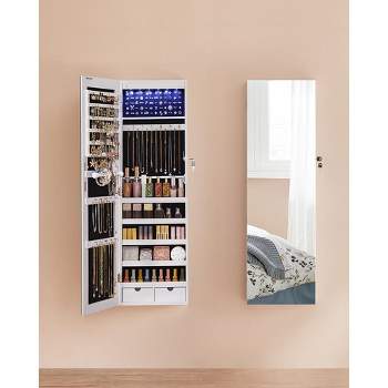 SONGMICS Jewelry Armoires Wall/Door Mount Jewelry Storage Cabinet Organizer  Box Full-Length Mirror with Built-in Small Mirror Jewelry Shelves Gift  White 