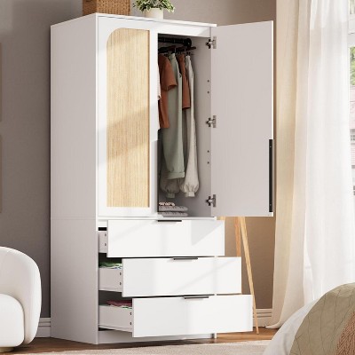 Wardrobe Closet with Rattan Doors, Rattan Armoire Wardrobe Closet with Drawers & Hanging Rod, Wooden Armoire for Hanging Clothes, 69.5" H
