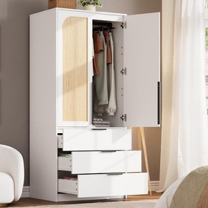 Wardrobe Closet with Rattan Doors, Rattan Armoire Wardrobe Closet with Drawers & Hanging Rod, Wooden Armoire for Hanging Clothes, 69.5" H - 1 of 4