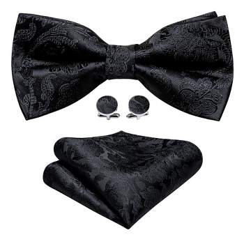 Men's Black Paisley 100% Silk Pre-Tied adjustable Bow Tie Pocket Square Cufflinks Set