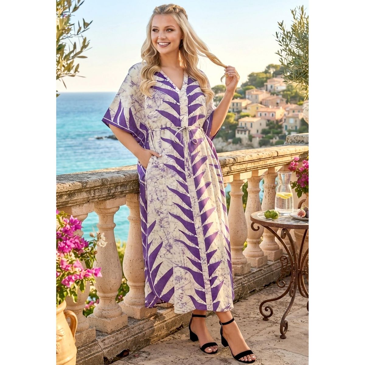 LA LEELA Summer Cotton Comfortable Caftan Dress for Women Resortwear Vacation Cruise Holiday Lounge Wear 2X-3X Purple Leaf - thumbnail 5