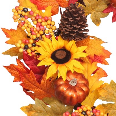 24 Inch Fall Sunflower Wreath with Pumpkins and Pinecones