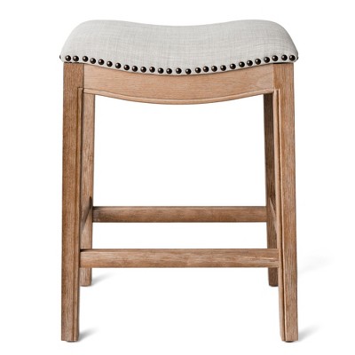 HomeRoots 26" Beige and Natural Fabric and Solid Wood Backless Counter Height Bar Chair