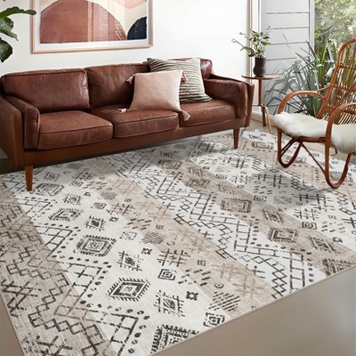 Vintage Boho Geometric Area Rug with Non-Slip Backing, Soft Foldable Low Pile Non-Slip Indoor Floor Carpet